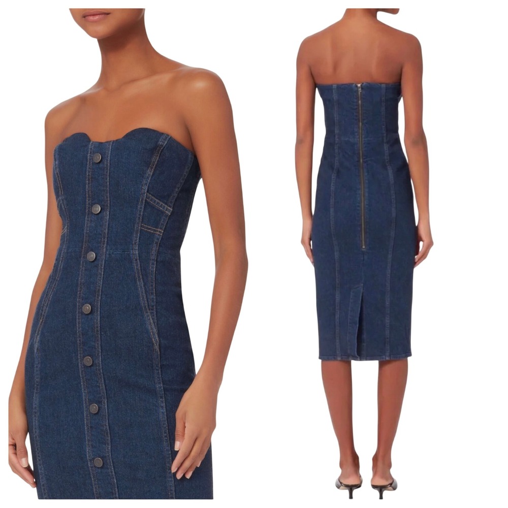 Veronica Beard Jeans Strapless Denim Midi Dress Dark Wash Button Front Size‎ 0